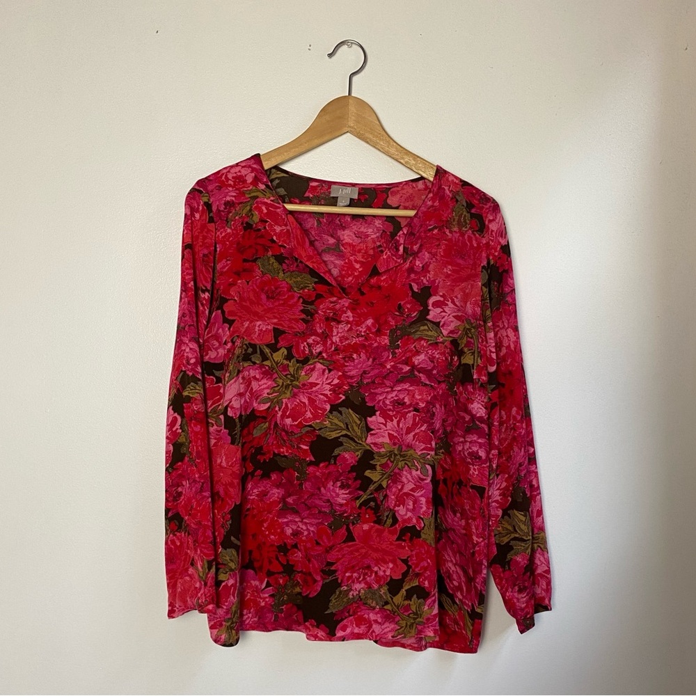 J. Jill Pink and Red Floral Long Sleeve Blouse